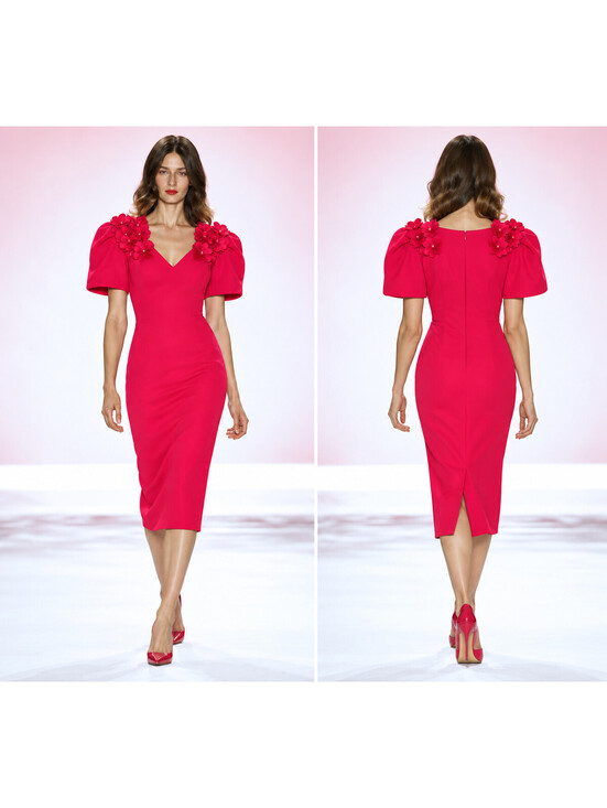 Badgley Mischka Dresses & Skirts - Badgley Mischka 3D Floral Beaded Shoulder Puff Sleeve  Applique Midi Dress Red 4